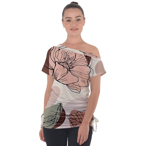 Abstract Flower Leaves Pattern Off Shoulder Tie-up T-shirt by Grandong