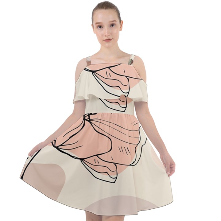 Abstract Flower Leaves Pattern Cut Out Shoulders Chiffon Dress