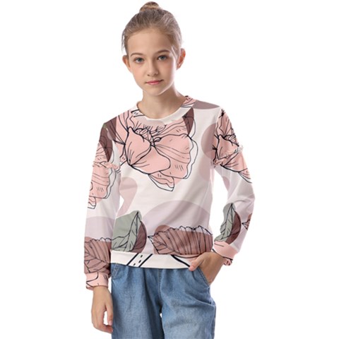 Abstract Flower Leaves Pattern Kids  Long Sleeve T-shirt With Frill  by Grandong