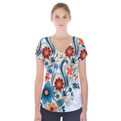 Flowers Scrapbook Decorate Short Sleeve Front Detail Top by Grandong