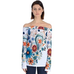 Flowers Scrapbook Decorate Off Shoulder Long Sleeve Top by Grandong