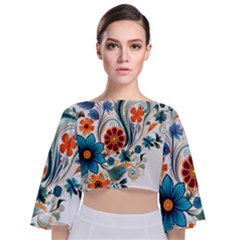 Flowers Scrapbook Decorate Tie Back Butterfly Sleeve Chiffon Top by Grandong