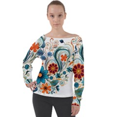 Flowers Scrapbook Decorate Off Shoulder Long Sleeve Velour Top by Grandong