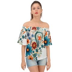 Flowers Scrapbook Decorate Off Shoulder Short Sleeve Top by Grandong