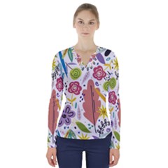 Flowers Spring Background Wallpaper V-neck Long Sleeve Top by Grandong