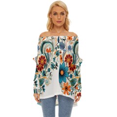 Flowers Scrapbook Decorate Off Shoulder Chiffon Pocket Shirt by Grandong