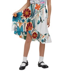 Flowers Scrapbook Decorate Kids  Ruffle Flared Wrap Midi Skirt by Grandong