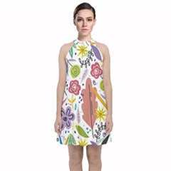 Flowers Spring Background Wallpaper Velvet Halter Neckline Dress 