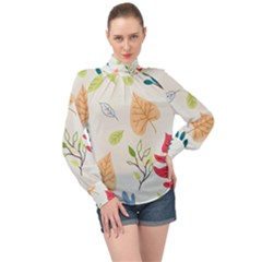 Leaves Plants Background Branches High Neck Long Sleeve Chiffon Top by Grandong