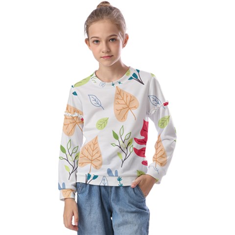 Leaves Plants Background Branches Kids  Long Sleeve T-shirt With Frill  by Grandong