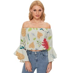 Leaves Plants Background Branches Off Shoulder Flutter Bell Sleeve Top by Grandong