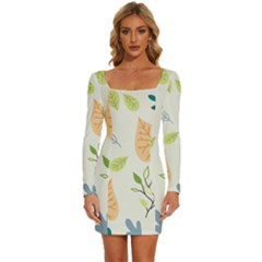 Leaves Plants Background Branches Long Sleeve Square Neck Bodycon Velvet Dress by Grandong