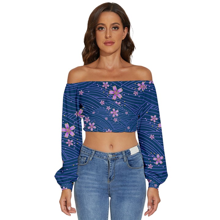 Flowers Floral Background Long Sleeve Crinkled Weave Crop Top