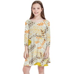 Leaves Flowers Background Pattern Kids  Quarter Sleeve Skater Dress by Grandong