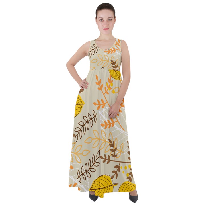 Leaves Flowers Background Pattern Empire Waist Velour Maxi Dress