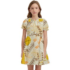 Leaves Flowers Background Pattern Kids  Bow Tie Puff Sleeve Dress by Grandong