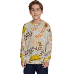 Leaves Flowers Background Pattern Kids  Crewneck Sweatshirt by Grandong