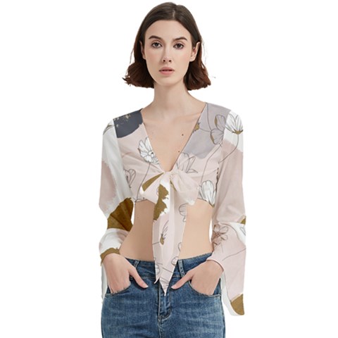 Flower Branch Corolla Wreath Trumpet Sleeve Cropped Top by Grandong