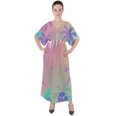 Palm Trees Leaves Plants Tropical V-neck Boho Style Maxi Dress by Grandong