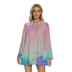 Palm Trees Leaves Plants Tropical Round Neck Long Sleeve Bohemian Style Chiffon Mini Dress by Grandong