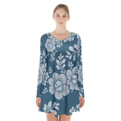 Flowers Design Floral Pattern Long Sleeve Velvet V-neck Dress