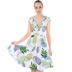 Leaves Foliage Pattern Abstract Cap Sleeve Front Wrap Midi Dress by Grandong