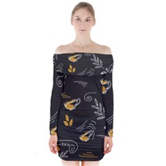 Leaves Coffee Digital Paper Cup Long Sleeve Off Shoulder Dress by Grandong