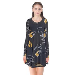 Leaves Coffee Digital Paper Cup Long Sleeve V-neck Flare Dress by Grandong