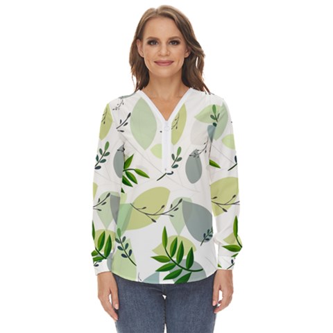 Leaves Foliage Pattern Abstract Zip Up Long Sleeve Blouse by Grandong