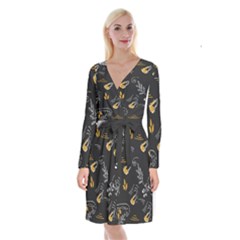 Leaves Coffee Digital Paper Cup Long Sleeve Velvet Front Wrap Dress by Grandong