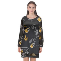 Leaves Coffee Digital Paper Cup Long Sleeve Chiffon Shift Dress  by Grandong