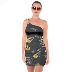 Leaves Coffee Digital Paper Cup One Shoulder Ring Trim Bodycon Dress by Grandong