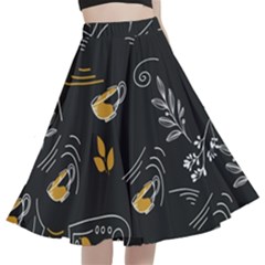 Leaves Coffee Digital Paper Cup A-line Full Circle Midi Skirt With Pocket by Grandong