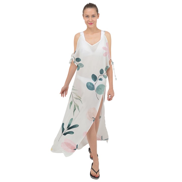 Flower Branch Corolla Wreath Lease Maxi Chiffon Cover Up Dress