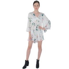 Flower Branch Corolla Wreath Lease V-neck Flare Sleeve Mini Dress by Grandong