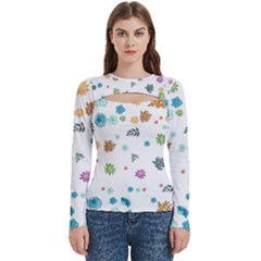 Flower Leaves Background Floral Women s Cut Out Long Sleeve T-shirt by Grandong