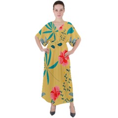 Flowers Petals Leaves Plants V-neck Boho Style Maxi Dress by Grandong