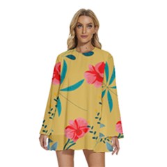 Flowers Petals Leaves Plants Round Neck Long Sleeve Bohemian Style Chiffon Mini Dress by Grandong