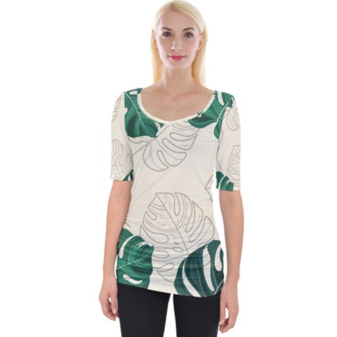 Leaves Monstera Background Wide Neckline T-shirt by Grandong