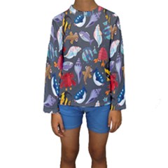 Sea Animals Pattern Wallpaper Fish Kids  Long Sleeve Swimwear by Grandong