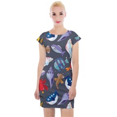 Sea Animals Pattern Wallpaper Fish Cap Sleeve Bodycon Dress by Grandong