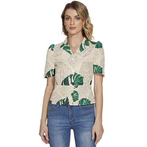 Leaves Monstera Background Puffed Short Sleeve Button Up Jacket by Grandong