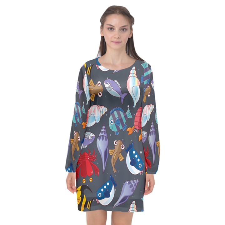 Sea Animals Pattern Wallpaper Fish Long Sleeve Chiffon Shift Dress 