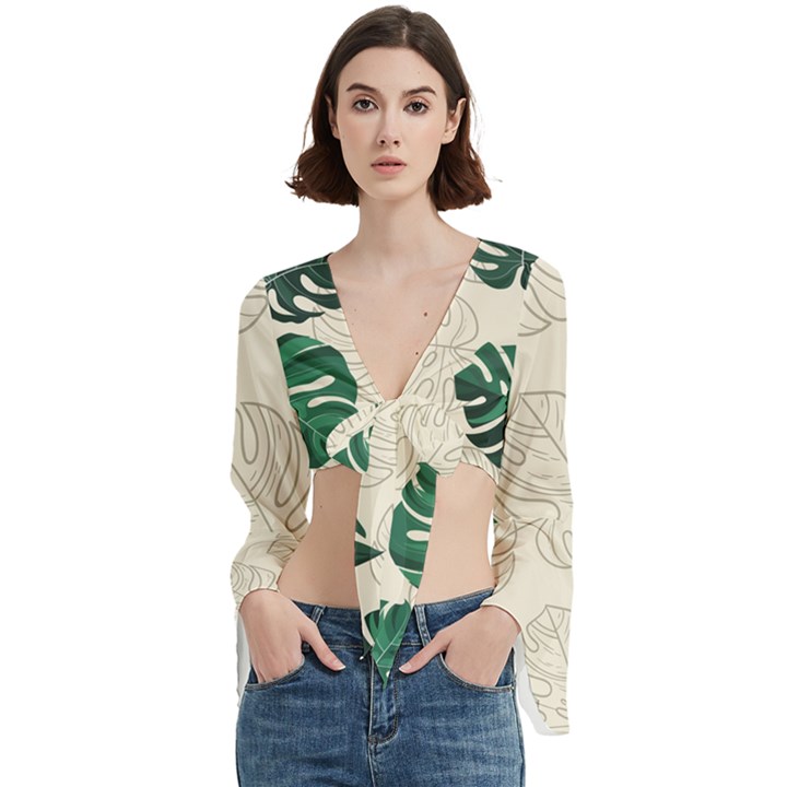 Leaves Monstera Background Trumpet Sleeve Cropped Top