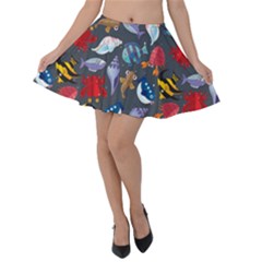 Sea Animals Pattern Wallpaper Fish Velvet Skater Skirt by Grandong