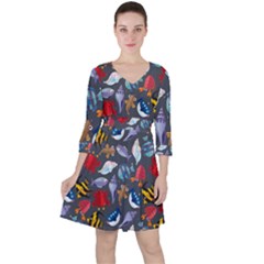 Sea Animals Pattern Wallpaper Fish Quarter Sleeve Ruffle Waist Dress