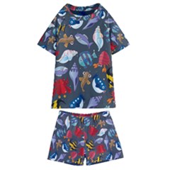 Sea Animals Pattern Wallpaper Fish Kids  Swim T-shirt And Shorts Set by Grandong