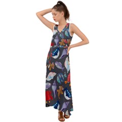 Sea Animals Pattern Wallpaper Fish V-neck Chiffon Maxi Dress by Grandong