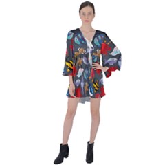 Sea Animals Pattern Wallpaper Fish V-neck Flare Sleeve Mini Dress by Grandong