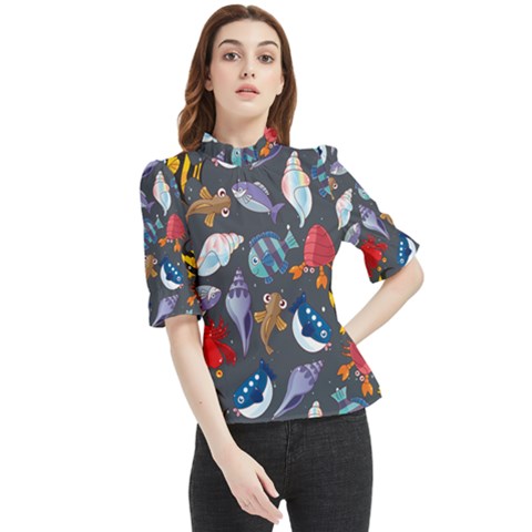 Sea Animals Pattern Wallpaper Fish Frill Neck Blouse by Grandong